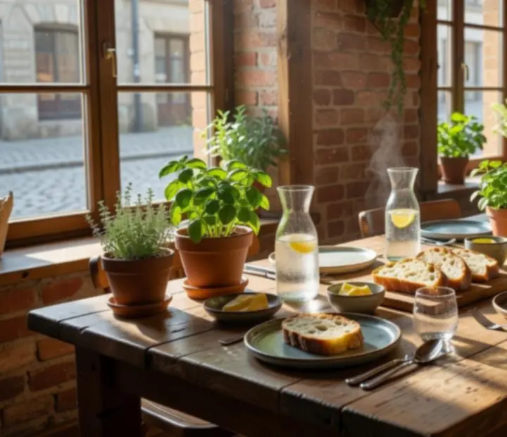 Sluncem zalitý bistro stůl v Moranovas s rustikálními českými pokrmy a připravenými sklenicemi