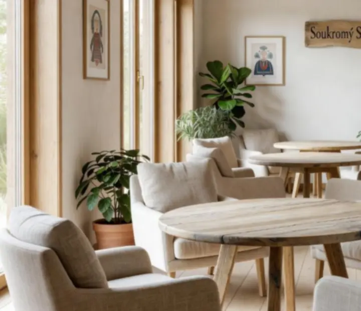 Detail designu lounge Moranovas s dřevěnými texturami, zelení a teplým světlem.
