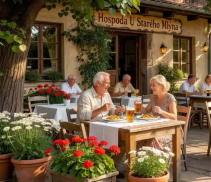 Sluncem zalitá bistro terasa s rustikálními dřevěnými stoly a zelení v Moranovas